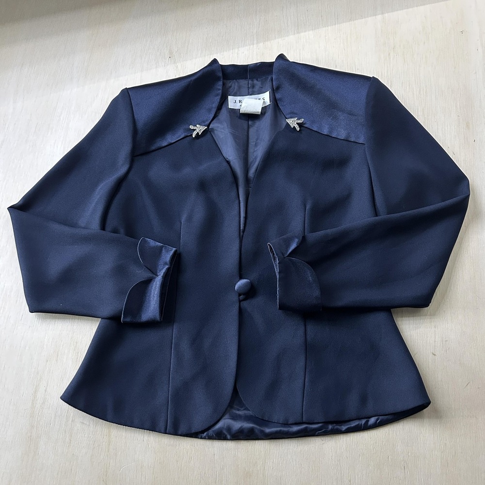 Vintage J.R. Nites Suit Jacket Women 8 Blue Satin Tuxedo One Button Lined Formal